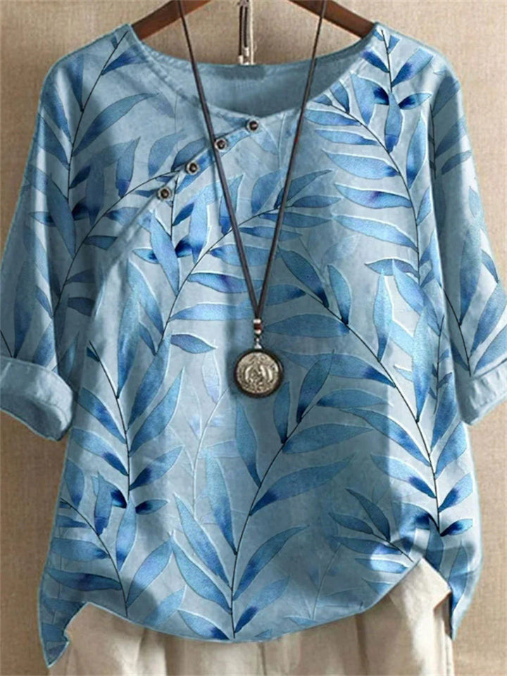 Women's Retro Chinese Style Leaves Printed Round Neck Shirts