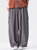 Mens Summer Linen Blend Loose Wide Leg Cargo Pants with Pockets