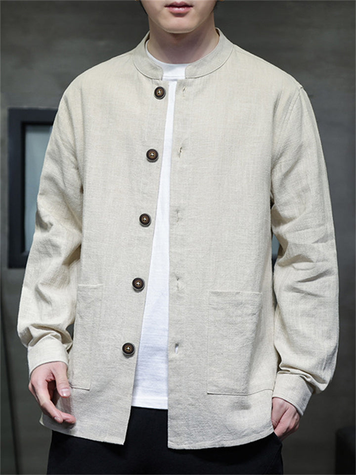 Men's Ramine Cotton Solid Color Stand Collar Fleece Lined Jacket