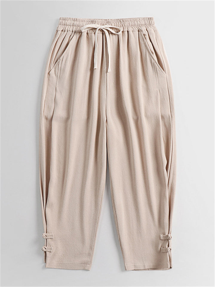 Men's Plus Size Summer Cotton Linen Solid Color Cropped Pants