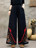 Women's Ethnic Style Floral Embroidered Frog Button Decor Wide Leg Pants