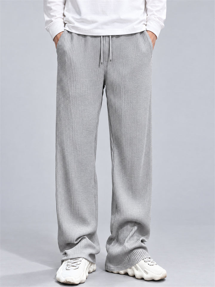 Men Jacquard Striped Pants Drawstring Elastic Waist Loose Fit Trousers