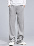 Men Jacquard Striped Pants Drawstring Elastic Waist Loose Fit Trousers