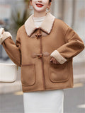 Women's Winter Vintage Contrast Trim Fleeced Faux Suede Long Sleeve Coats