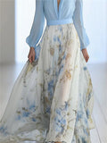Women's Contrast Color Patchwork Long Sleeve V Neck Maxi Dress