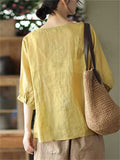 Summer Cotton Linen Embroidery Half Sleeve Shirt for Women