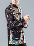 Oriental Style Loong Print Long Sleeve Cardigan Shirt for Men