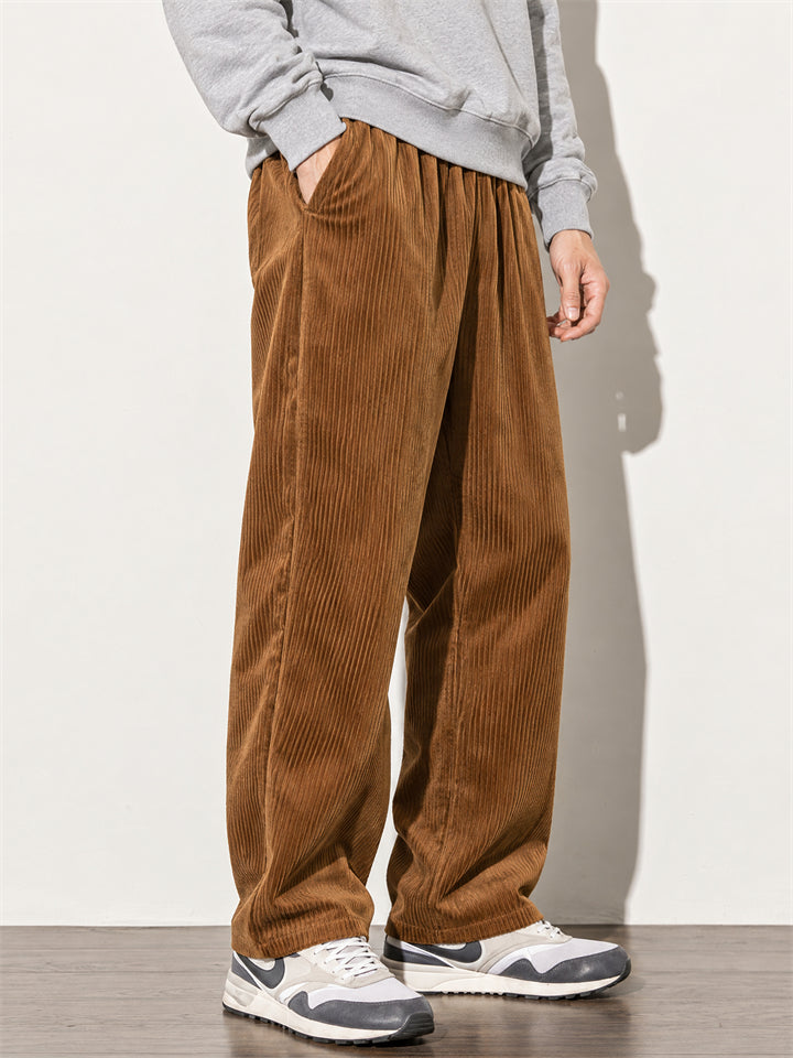 Men Japanese Style Corduroy Drawstring Elastic Waist Baggy Straight Pants