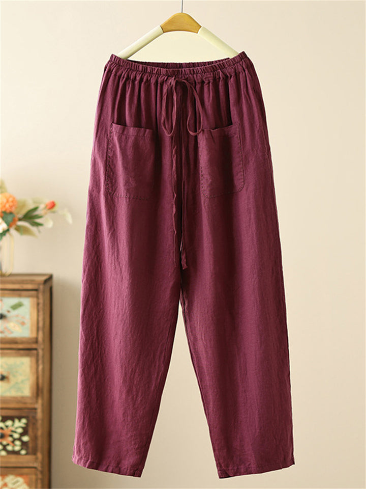 Women's Solid Color Pockets Drawstring Wide Leg Cropped Pants