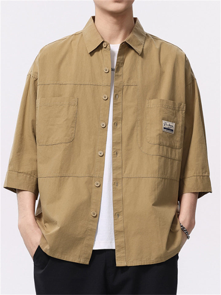 Men's Casual Solid Color Cotton 3/4 Sleeve Cargo Shirts
