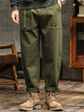 Men's Japanese Style Cotton Solid Color Pockets Straight Cargo Pants with Belt