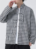 Men's Chinese Style Stand Collar Long Sleeve Linen Plaid Shirt