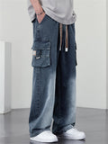 Men High Street Cargo Jeans Drawstring Wide Leg Washed Baggy Denim Pants