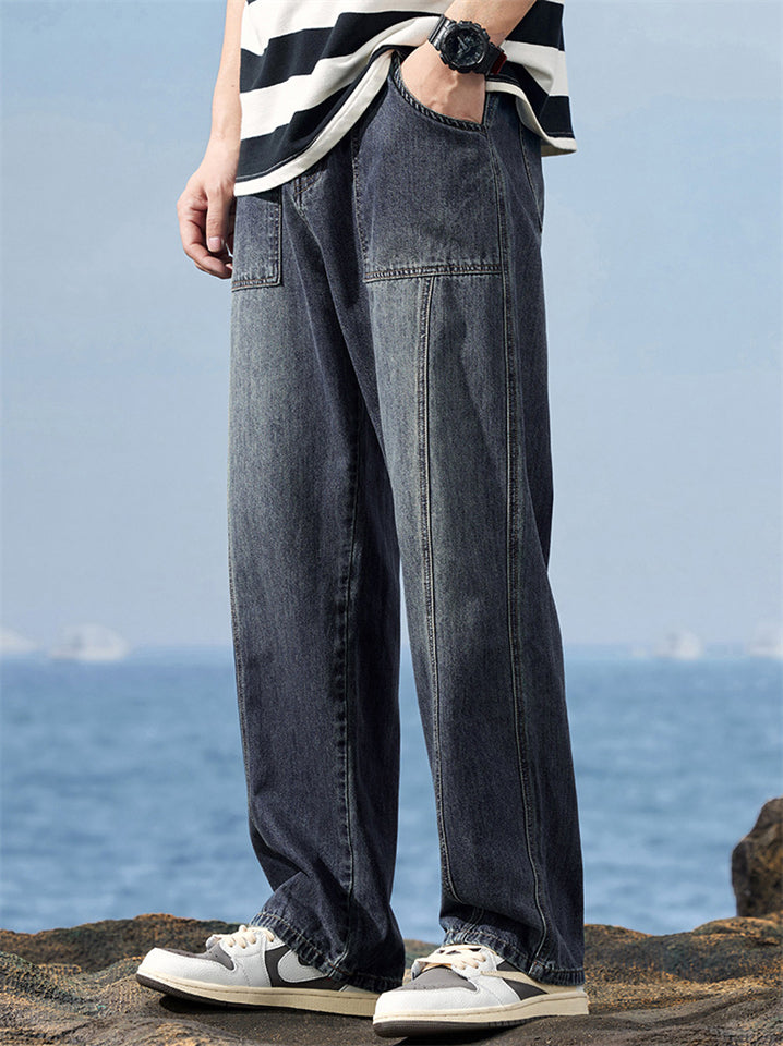 Men's Steetwear Retro Blue Mid Waist Loose Straight Fit Casual Jeans