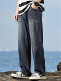 Men's Steetwear Retro Blue Mid Waist Loose Straight Fit Casual Jeans