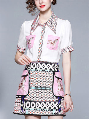 Women's 2Pcs Geometry Print Lapel Shirt & Skirt Set
