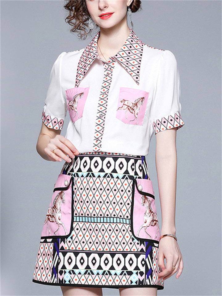 Women's 2Pcs Geometry Print Lapel Shirt & Skirt Set