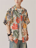 Men's Holiday Style Leaves Print Lapel Short Sleeve Beach Shirt
