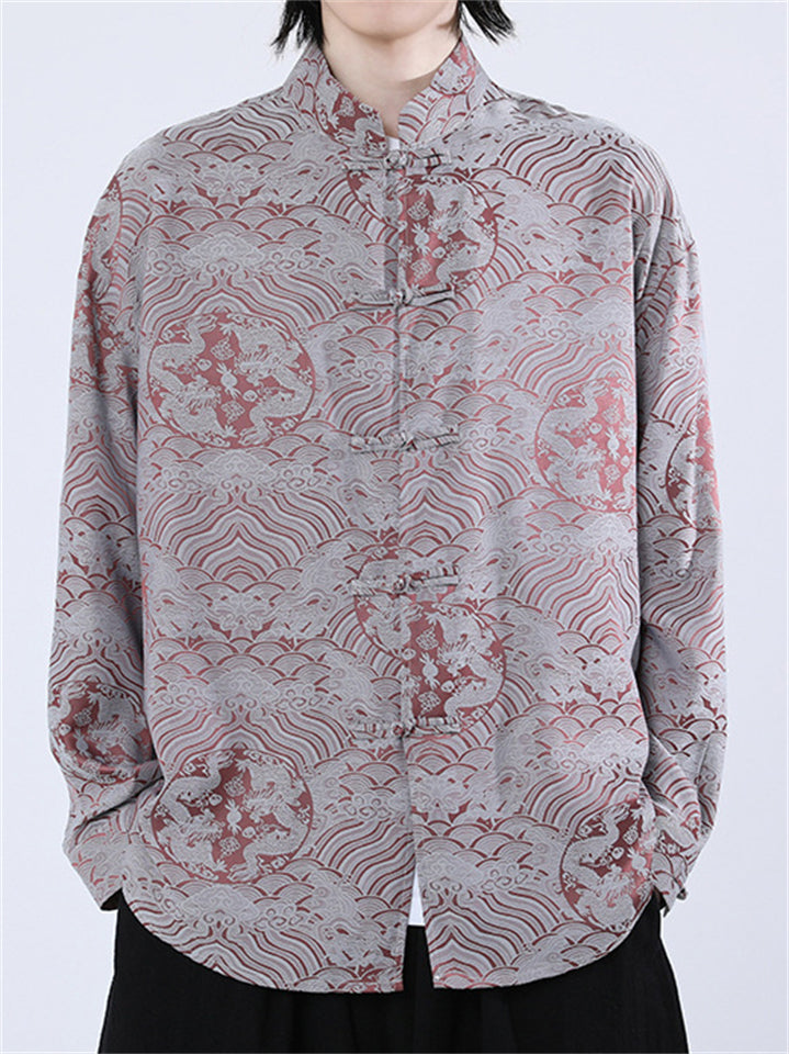 Chinese Style Loong Print Long Sleeve Linen Shirts for Men