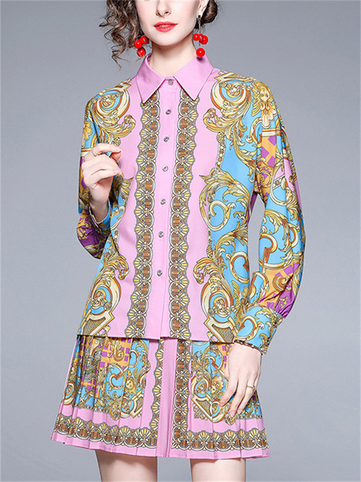Women's 2Pcs Elegant Floral Print Lapel Shirt & Pleated Skirt Set