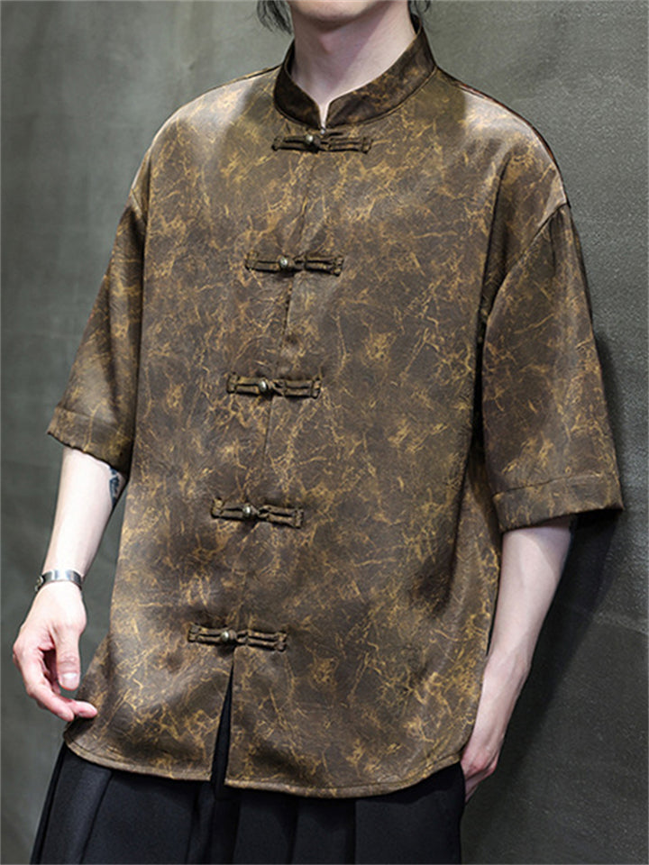 Men's Summer Cool Chinese Style Stand Collar Marble Print Half Sleeve Shirts