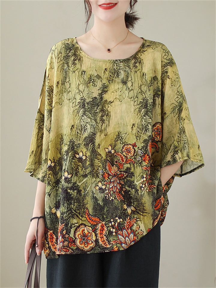 Women's Crew Neck Loose Pullover Floral Print Shirt