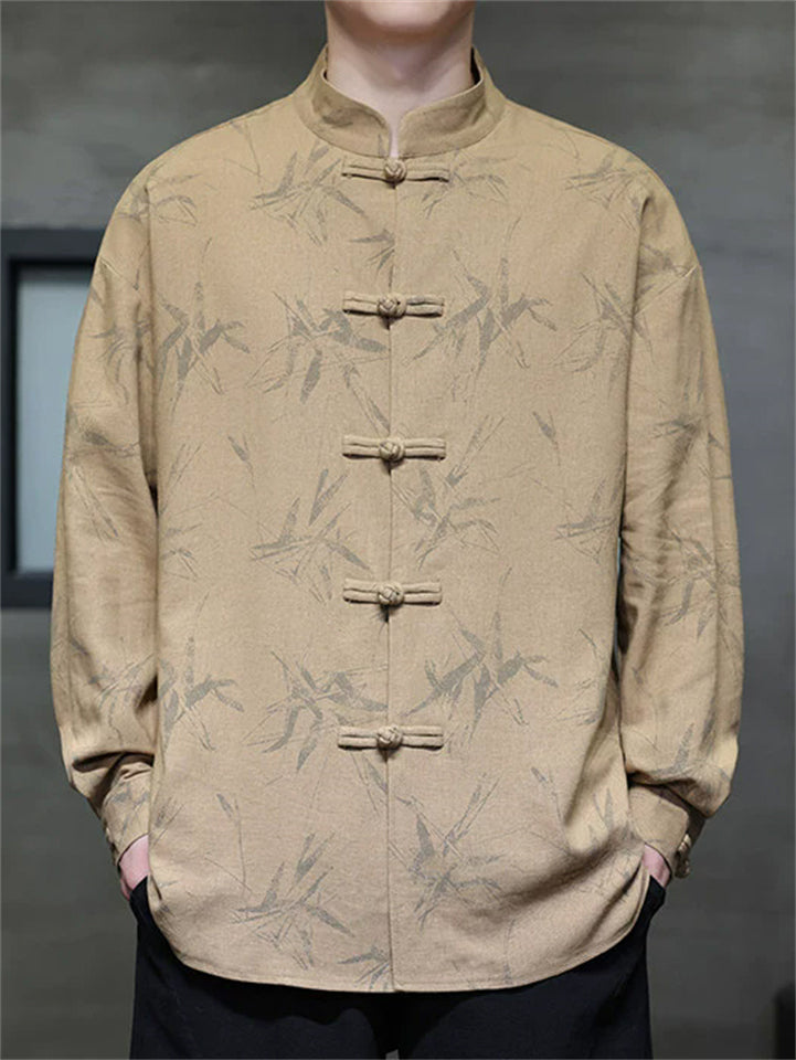 Men Chinese Style Long Sleeve Stand Collar Bamboo Print Tangsuit Shirts