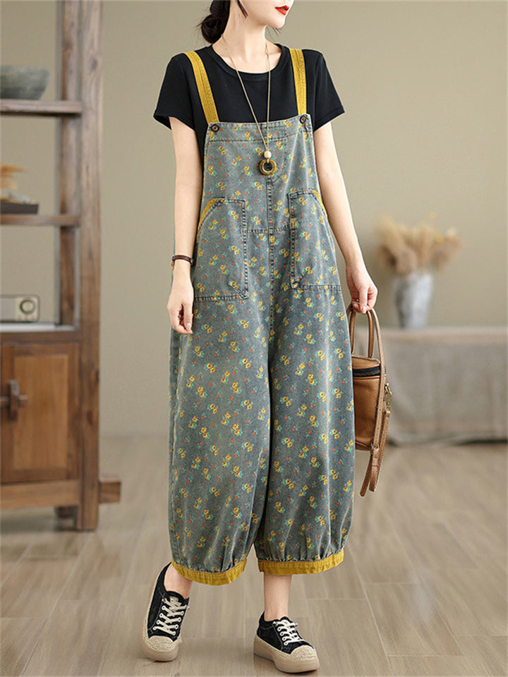 Women's Floral Print Contrast Color Overall Denim Jumpsuits