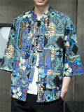 Men's Summer Chinese Style Printed Stand Collar Frog Button TangSuit Shirts