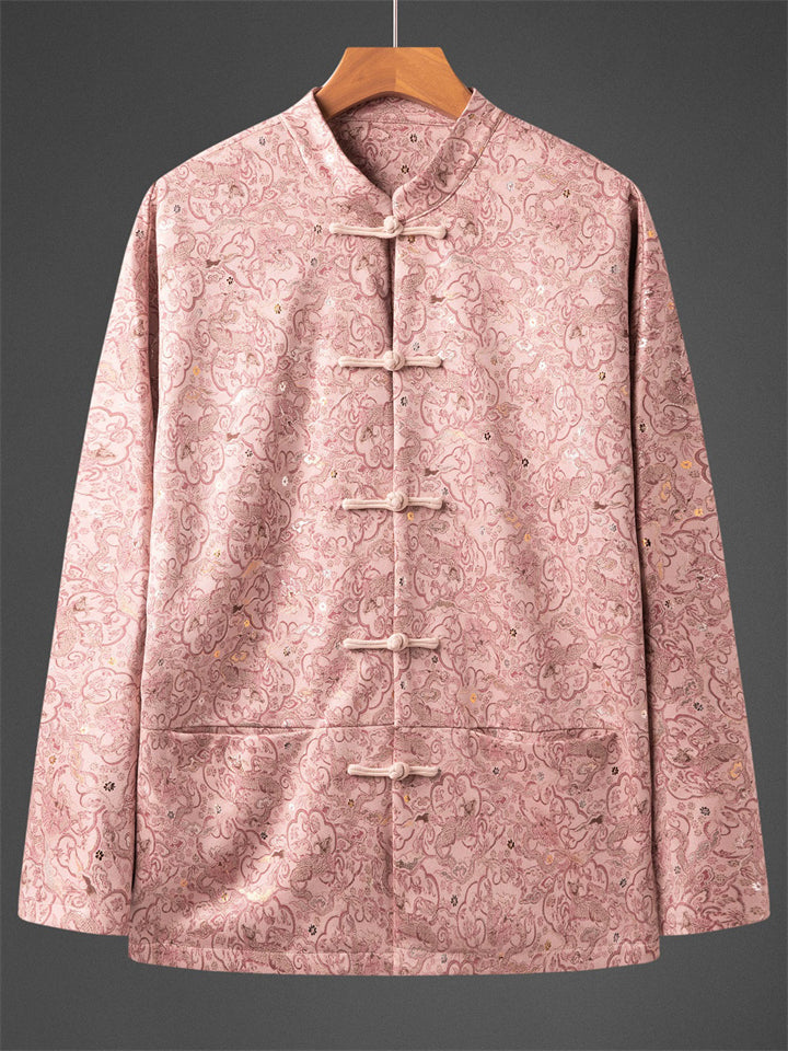 Men's Trendy Chinese Style Loong Printed Frog Button Pink Tangsuit Jacket