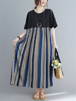 Bohemian Style Contrast Color Stripes Female Round Neck Oversized Dress