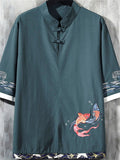Men's Summer Retro Fish Embroidery Frog Button Half Sleeve Shirt