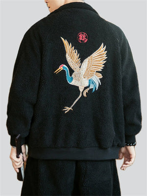 Men's Fluffy Faux Woolen Crane Embroidery Zipper Jacket