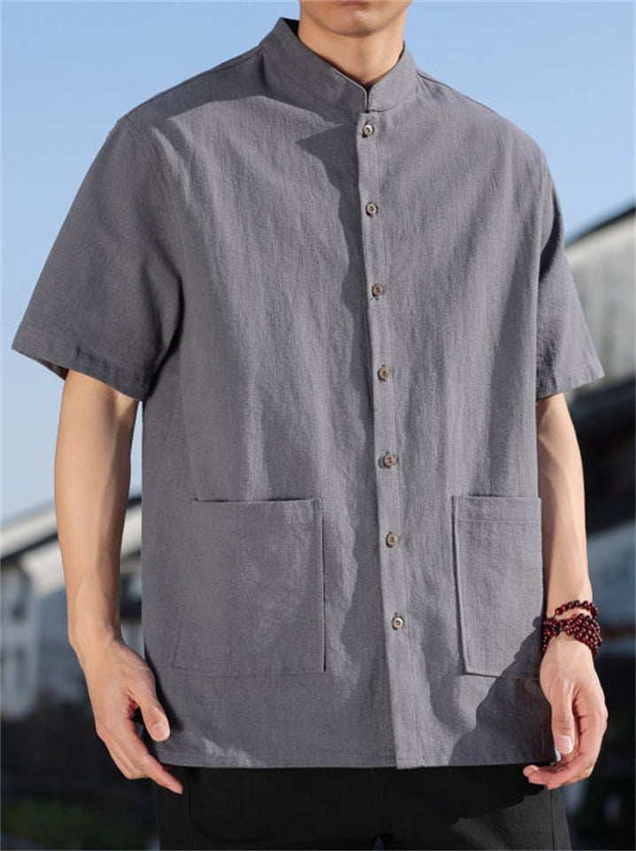 Men's Simple Short Sleeve Ramine Blend Mandarin Collar Casual Shirts