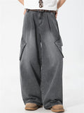 Men's Distressed Solid Color 3D Pockets Wide Leg Straight Jeans