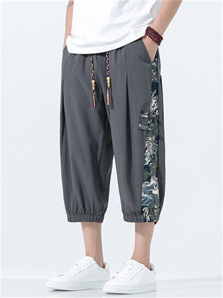 Men's Cool Chinese Style Loong Print Harem Capris Loose Jogger Pants