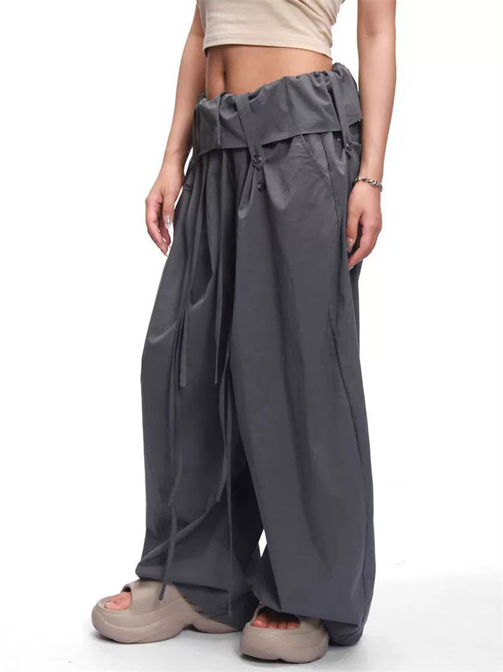 Women's Trendy Summer Solid Color Ruffled Waist  Wide Leg Pants