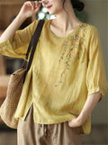 Summer Cotton Linen Embroidery Half Sleeve Shirt for Women