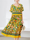Summer Yellow Round Neck Floral Print Dress for Women