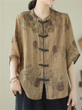 Comfy Chinese Style Summer Female O-Neck Ramie Shirt