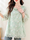 Women's Green 3/4 Sleeve Round Neck Beads Patchwork Shirts