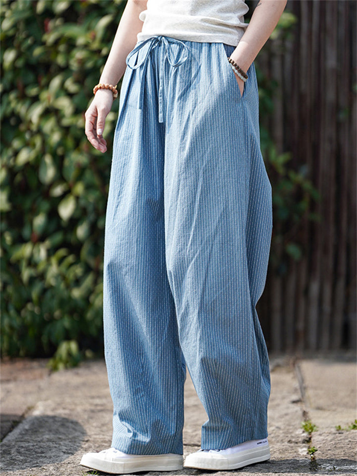Summer Cotton Linen Stripe Casual Straight Pants for Women