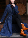 Women's Long V Neck Retro Embroidery Denim Cardigan Coat