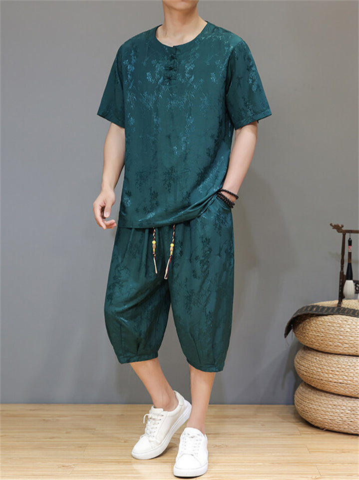 Men's 2Pcs Cool Casual Floral Print Quarter Button Round Neck TangSuit Outfits