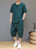 Men's 2Pcs Cool Casual Floral Print Quarter Button Round Neck TangSuit Outfits