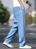 Men Summer Straight Leg Jeans Regular Fit Wash Denim Pants