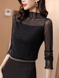 Women's High Neck Mesh Patchwork Long-sleeve Undershirt