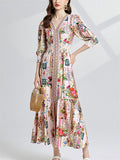 Women's Elegant V Neck 3/4 Sleeve Letter Floral Print Dress