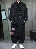Chinese Ethnic Style Corduroy Button Leaf Pattern Jacket  and Loose Drawstring Pants Set for Men