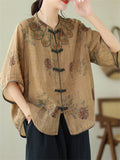 Comfy Chinese Style Summer Female O-Neck Ramie Shirt